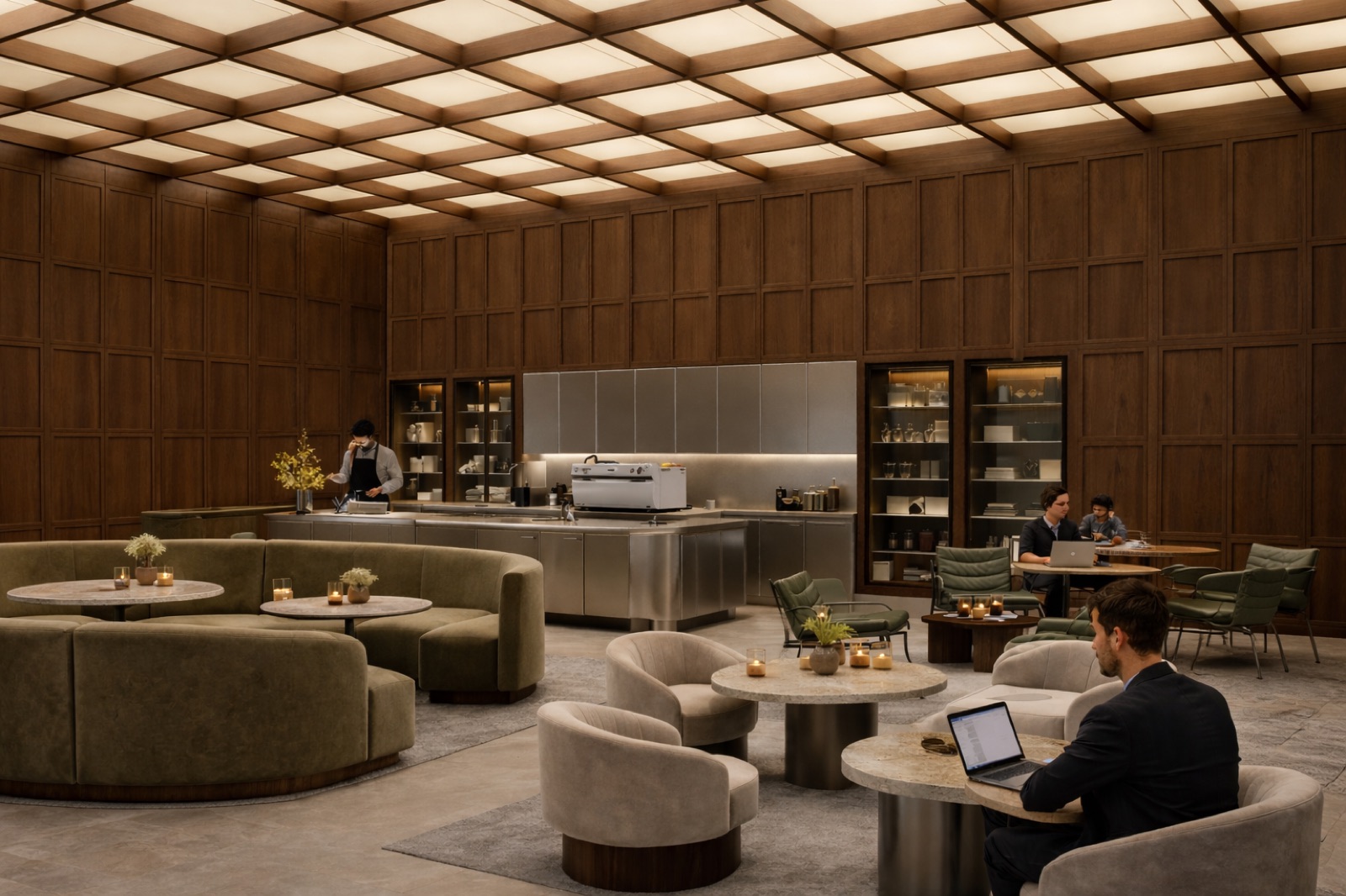 Café Lattice — lounge con techo de celosía de madera, sofás en oliva y travertino.