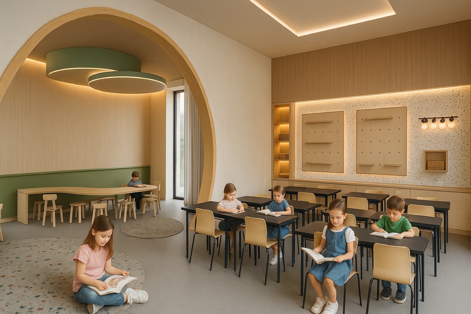 Hearts Elementary School — aula con techo curvo de madera y nicho de lectura.