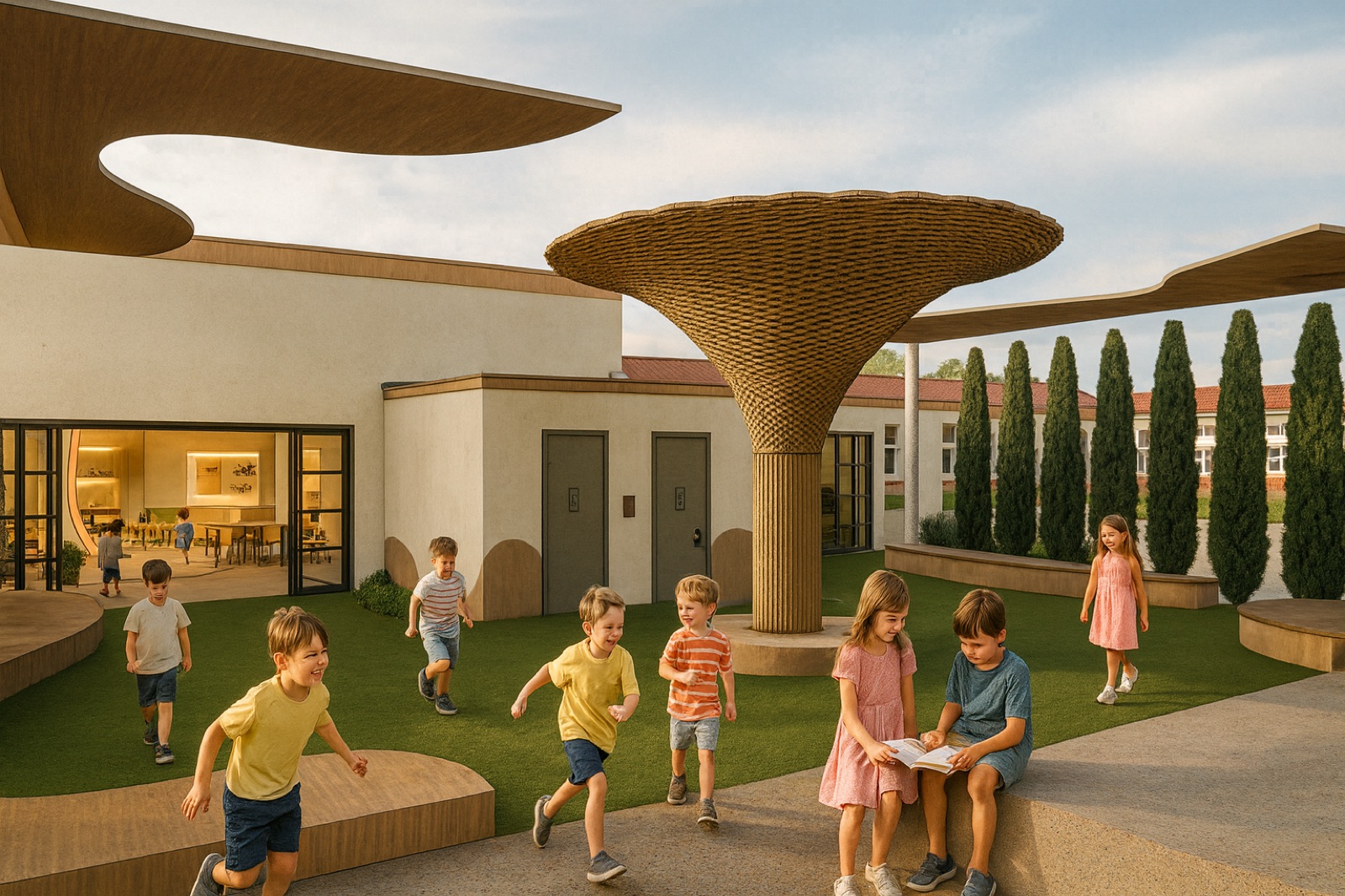 Hearts Elementary School — patio con cubierta escultórica de tejido y niños jugando.