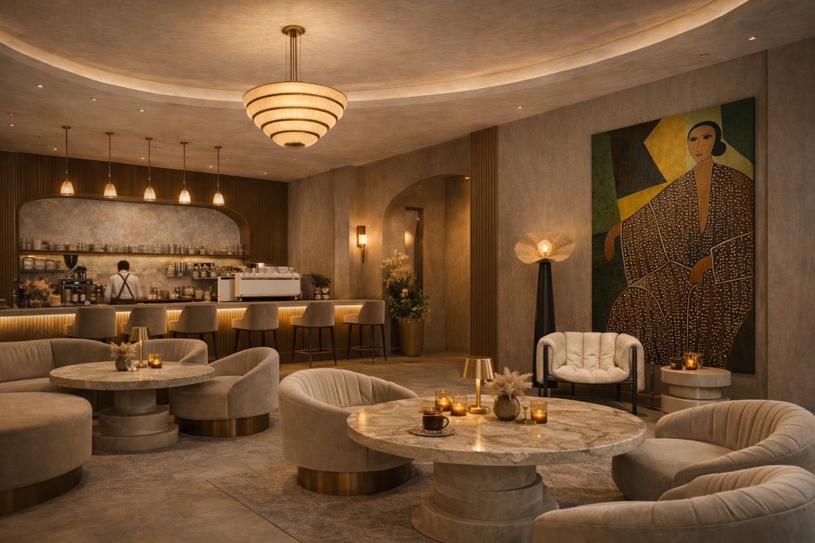 Maison Ember — café lounge en tonos cálidos con iluminación escultórica y arte.