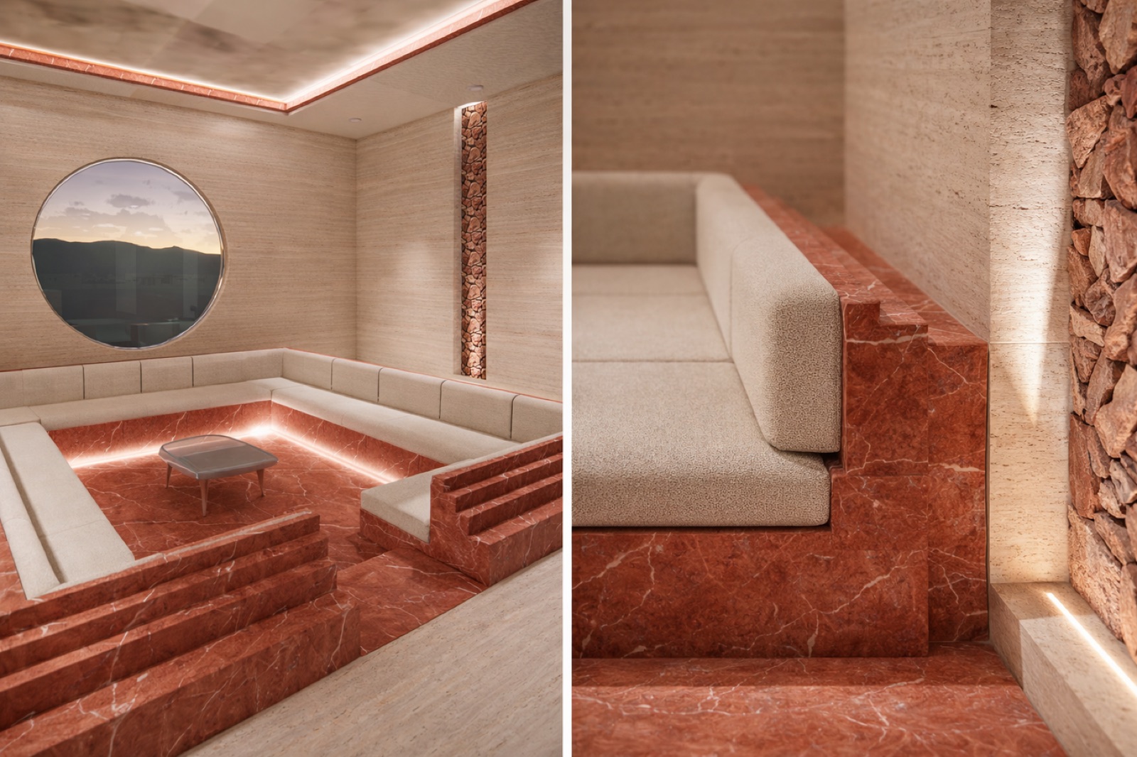 Oculus Lounge — detalle del mármol rojo y el bouclé marfil.