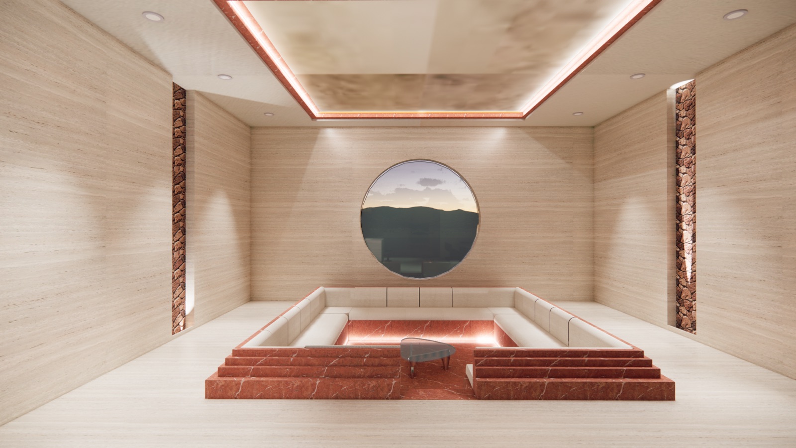 Oculus Lounge — sala hundida en travertino y mármol rojo con ventana circular, Valle de Guadalupe.