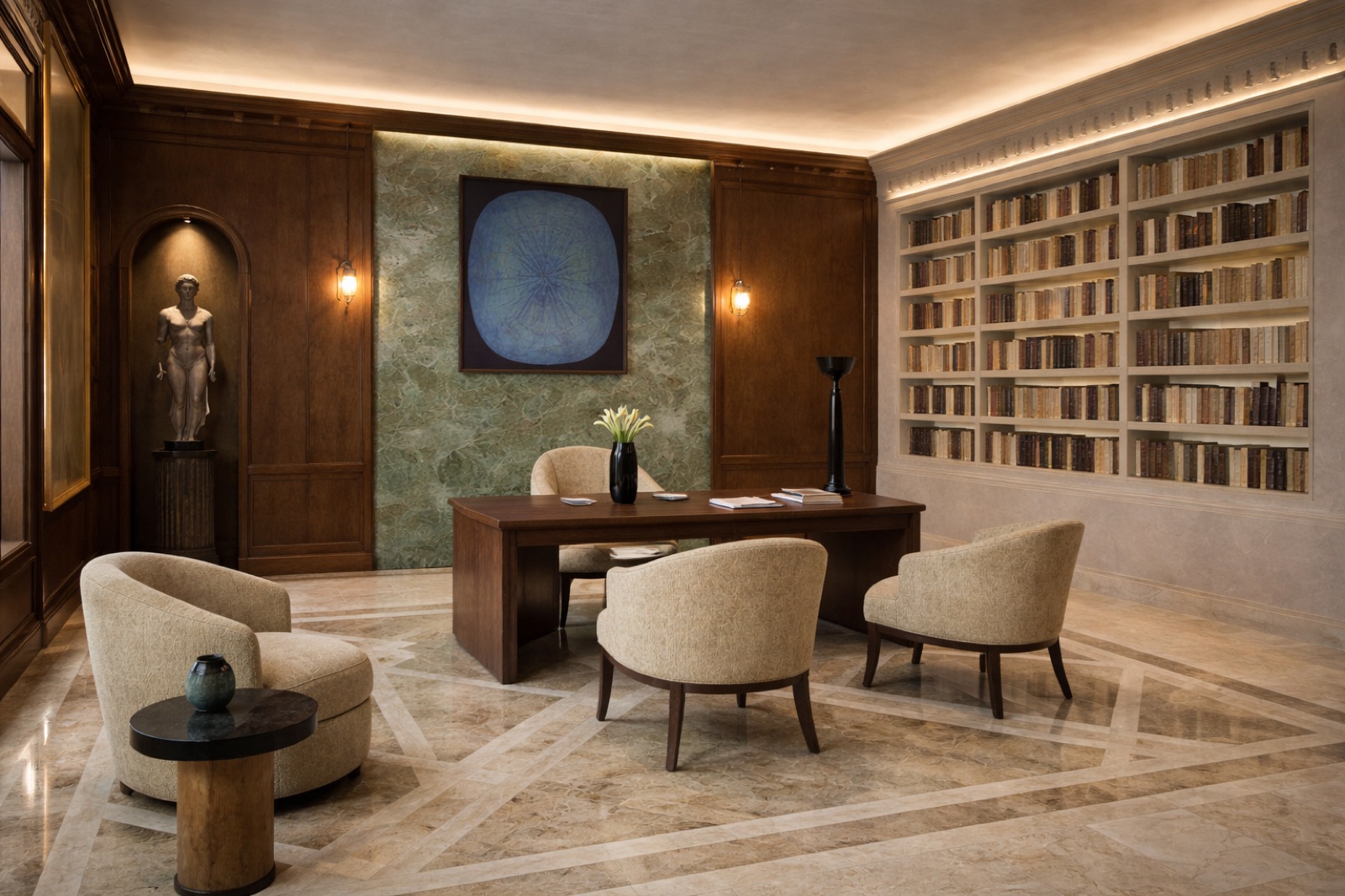 Psychologist Office — consultorio con paneles de madera, biblioteca, piso de mármol y escultura.